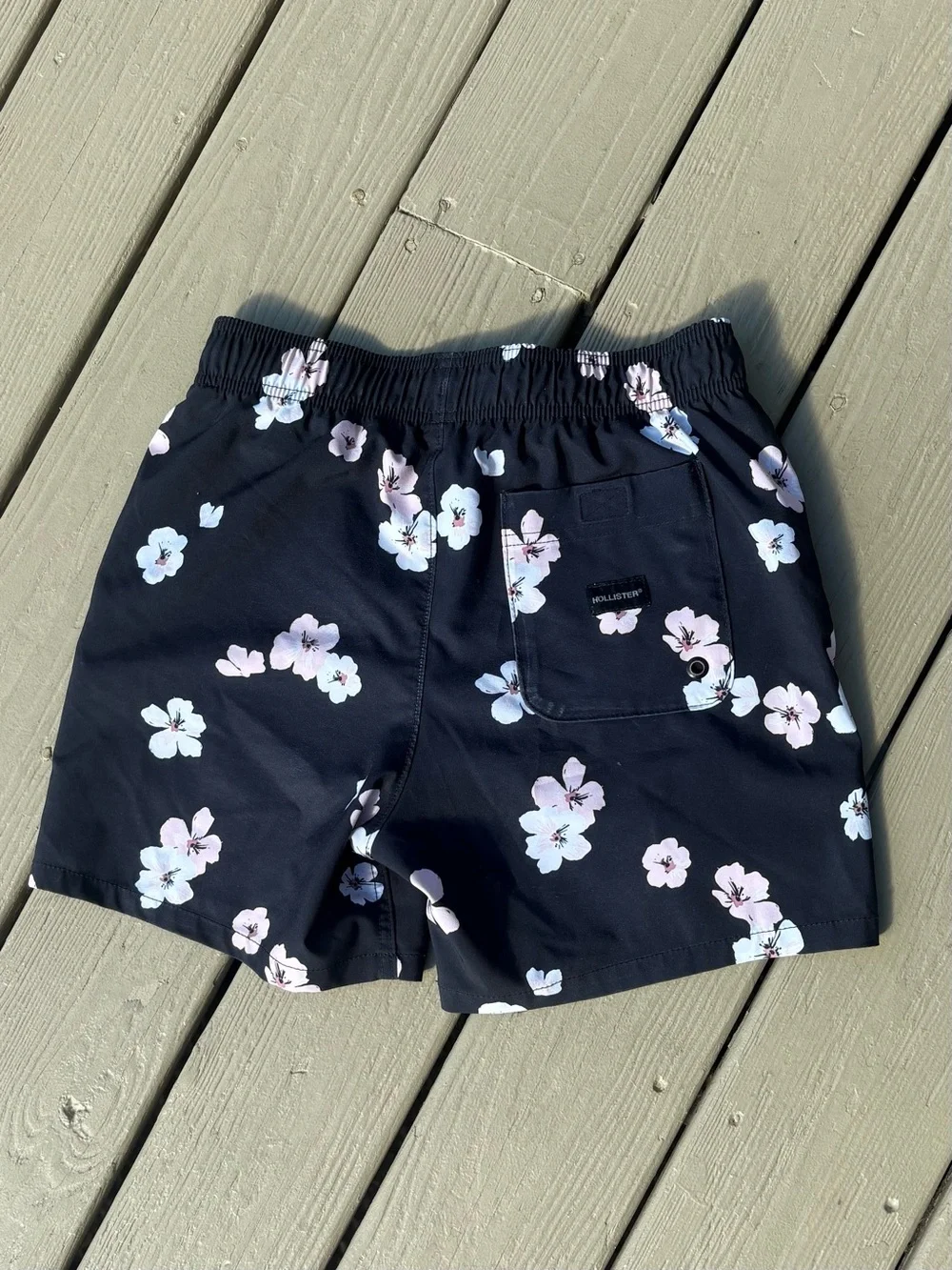 HOLLISTER Floral Black Swim Shorts with Pink & Light Blue Flowers, Size: XS